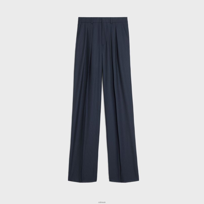 Double-Pleated Tixie Pants in Striped Wool Navy/Craie CELINE NB84T871 Apparel Women