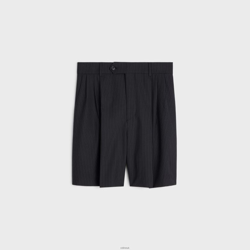 Triple-Pleated Shorts in Striped Wool Noir/Craie CELINE NB84T877 Apparel Women