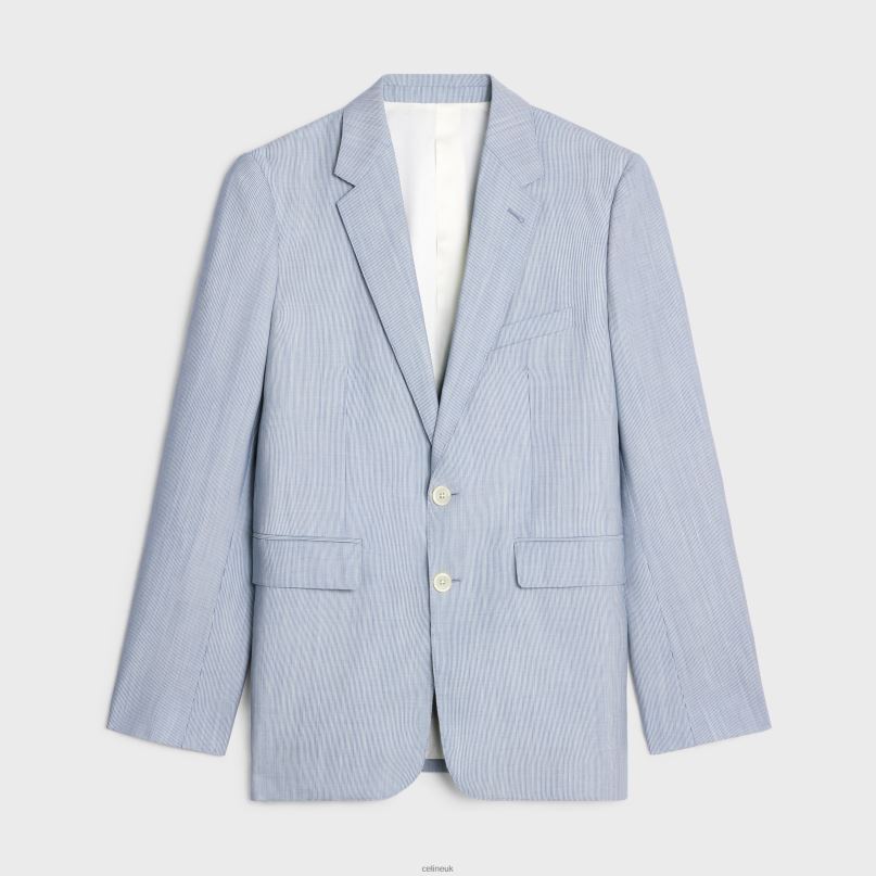 Classic Jacket in Striped Wool & Silk Craie/Bleu CELINE NB84T1874 Apparel Men