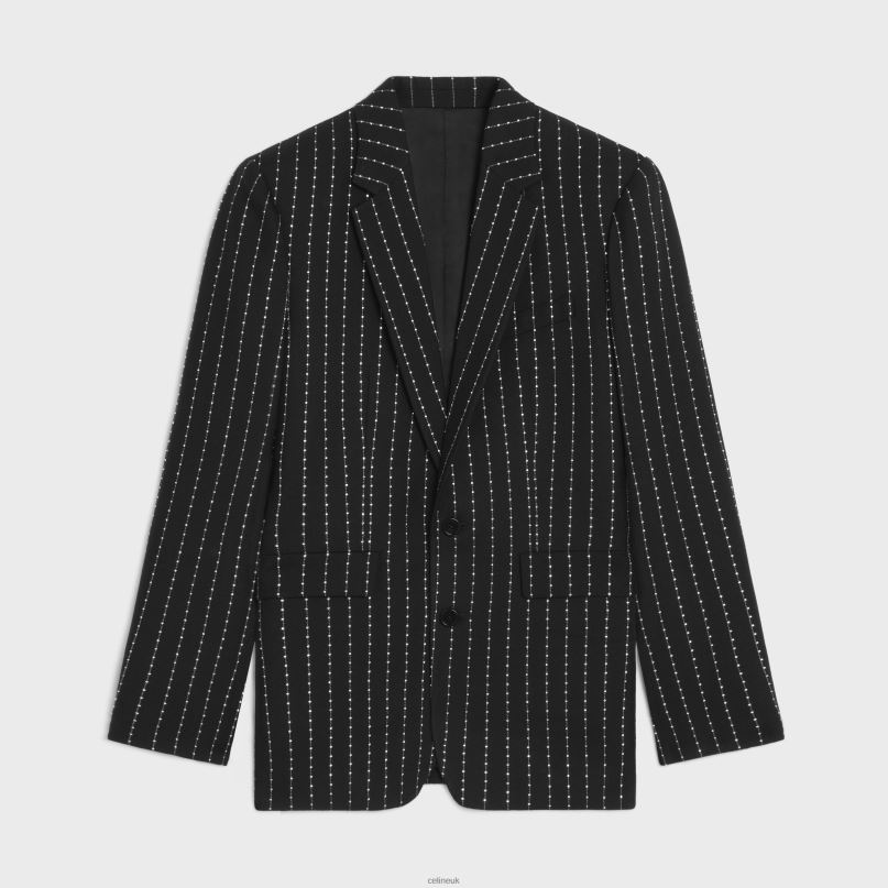 Embroidered Classic Jacket in Striped Wool Black/White CELINE NB84T1880 Apparel Men
