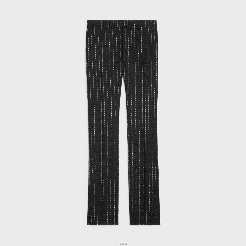 Embroidered Flared Pants in Striped Wool Black/White CELINE NB84T1893 Apparel Men