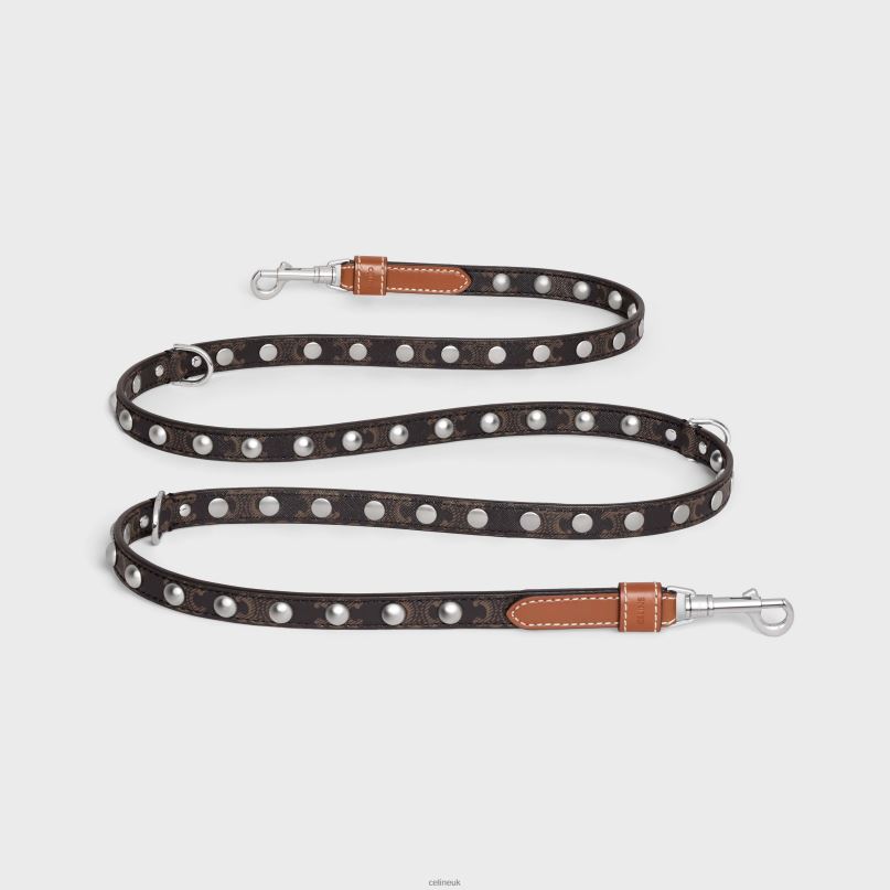 Adjustable Dog Leash in Triomphe Canvas & Calfskin With Studs Tan CELINE NB84T1741 Accessories Men