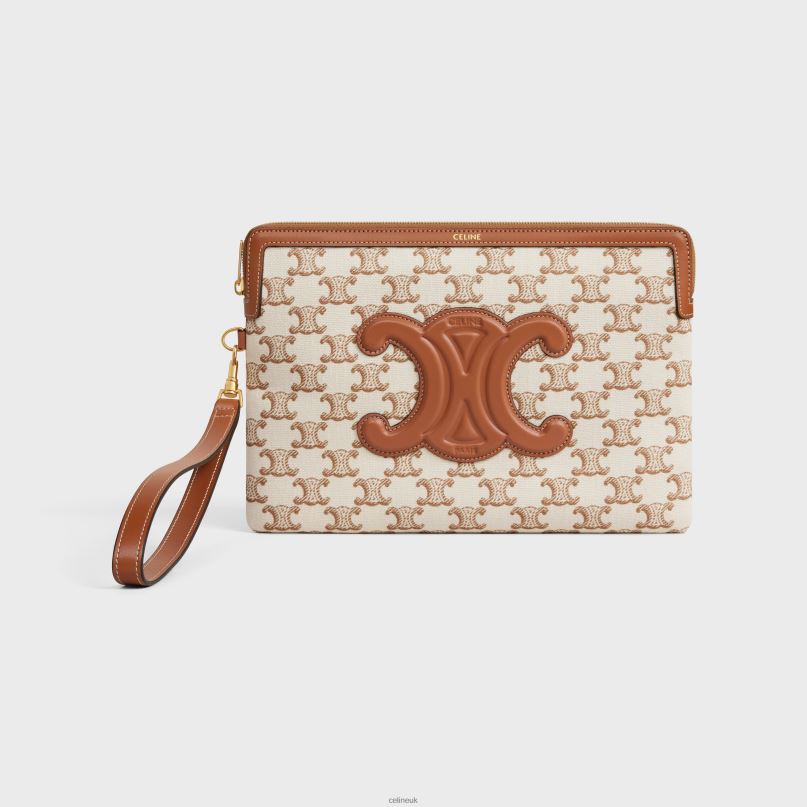 Small Pouch With Strap Signature in Textile With Triomphe Print & Calfskin White CELINE NB84T434 Accessories Women