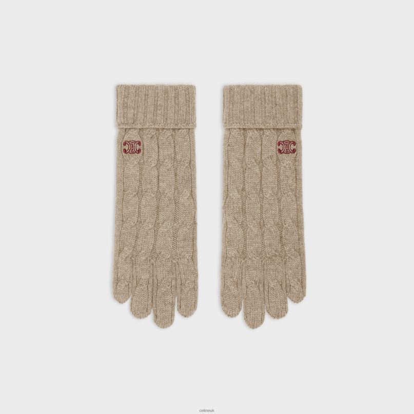 Cable-Knit Triomphe Gloves in Cashmere Light Taupe CELINE NB84T1186 Accessories Women