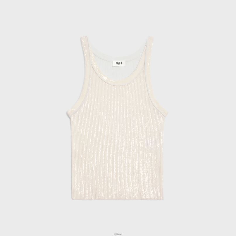 Embroidered Tank Top in Ribbed Silk Off White CELINE NB84T570 Apparel Women