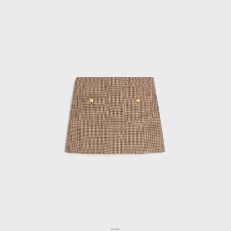 Chelsea Trapeze Mini Skirt in Houndstooth Wool Bordeaux/Beige/Black CELINE NB84T815 Apparel Women