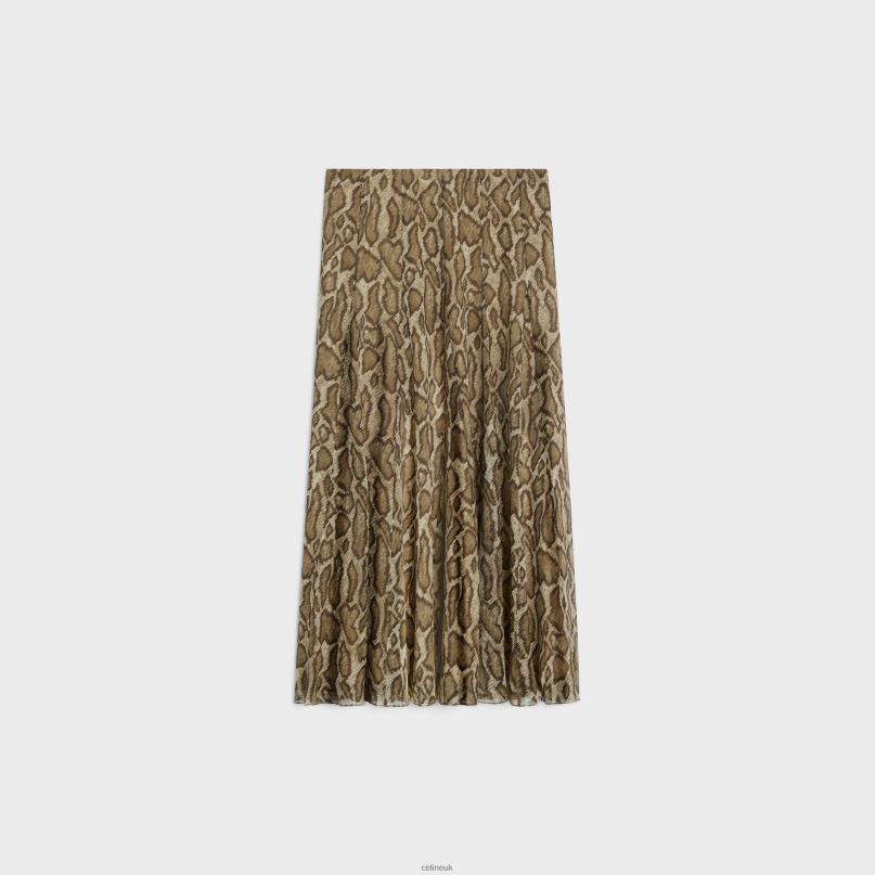Pleated Skirt in Silk Georgette Khaki/Brun CELINE NB84T809 Apparel Women