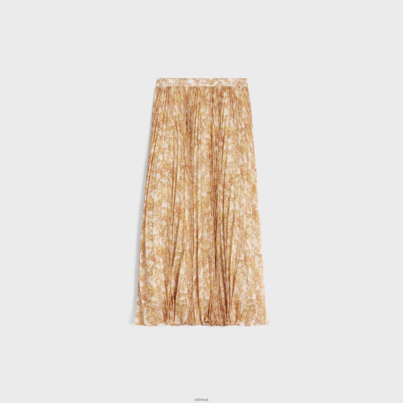 Skirt With Sunburst Pleats in Silk Georgette Ecru/Jaune CELINE NB84T587 Apparel Women