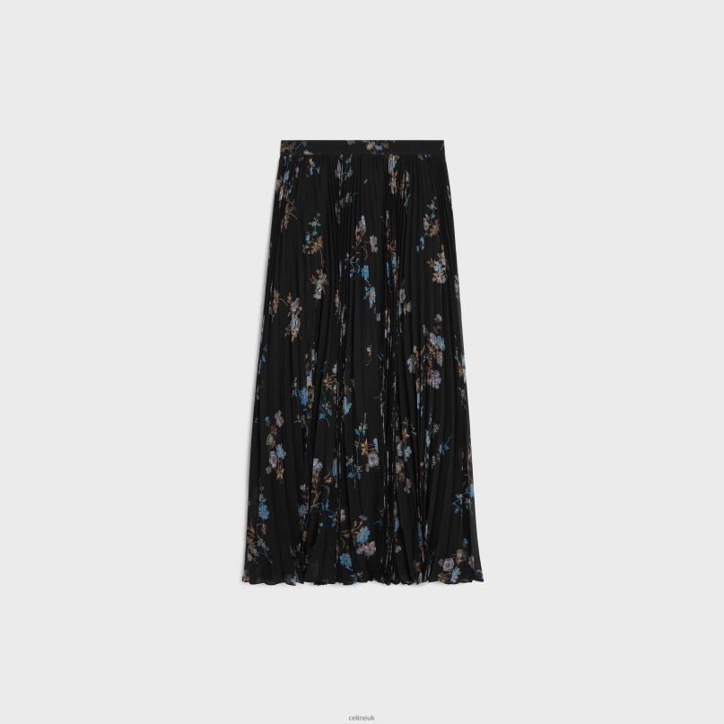 Skirt With Sunburst Pleats in Silk Georgette Noir/Bleu CELINE NB84T808 Apparel Women
