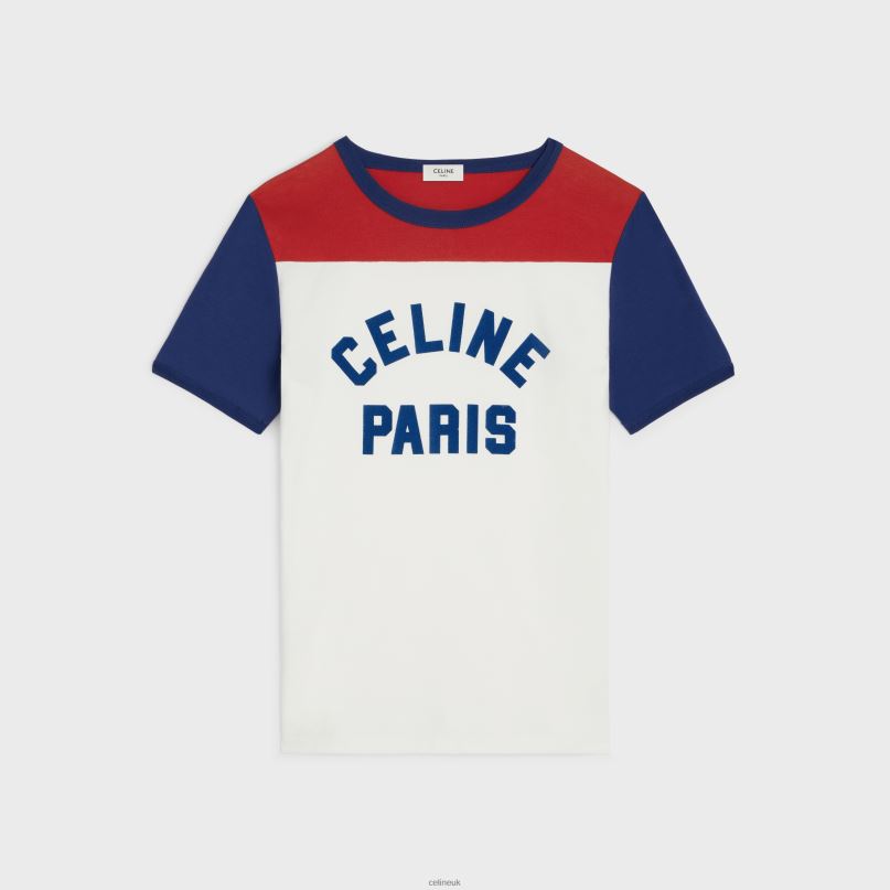 Paris 70'S T-Shirt in Cotton Jersey Off White/Bleu Berlin/Deep CELINE NB84T774 Apparel Women