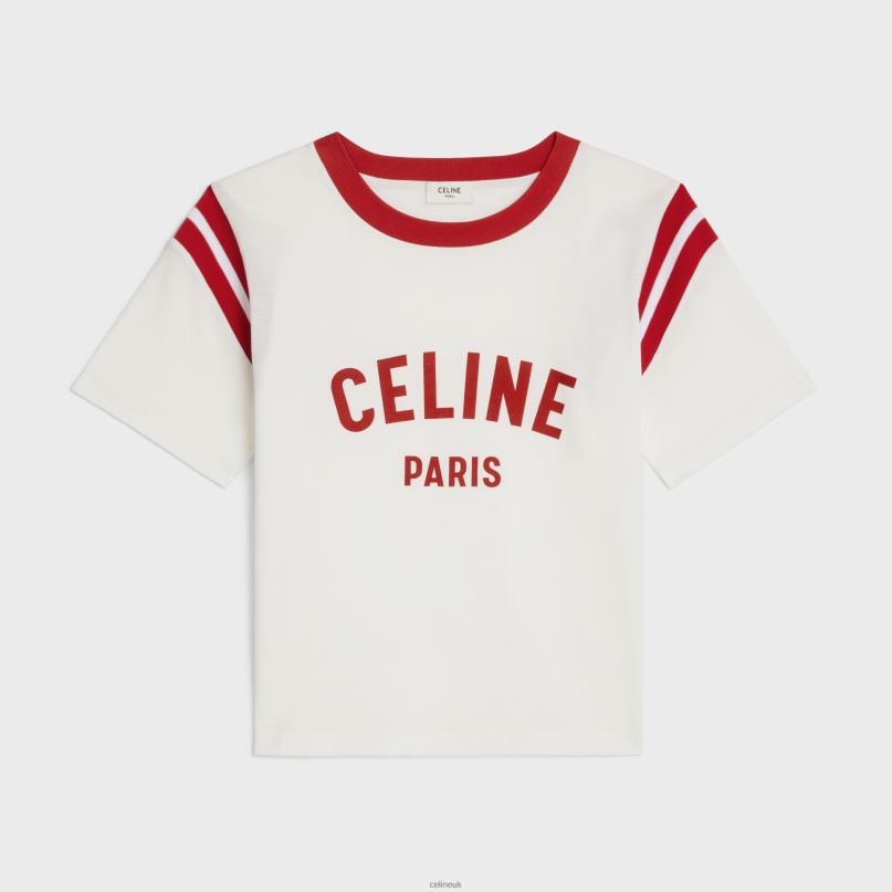 Paris Boxy T-Shirt in Cotton Jersey Off White/Deep Red CELINE NB84T777 Apparel Women