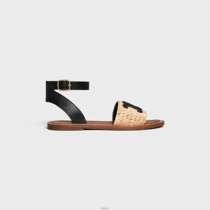 Lympia Flat Strap Sandal in Raffia & Calfskin Beige/Black CELINE NB84T986 Footwear Women