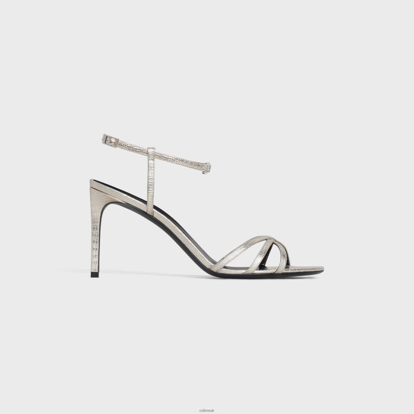 Soir Sandal in Lizard Stamped Metalized Calfskin Platinium CELINE NB84T1008 Footwear Women